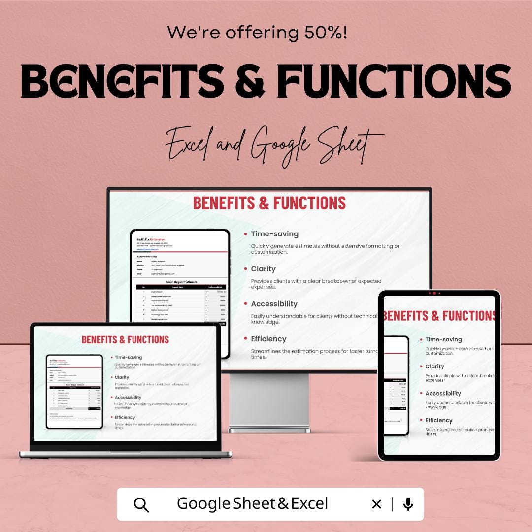 Repair Estimate Template Excel | Service Estimate Invoice | Contractor Quote Template | Auto Repair Estimate Sheet | Google Sheets Estimate