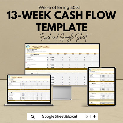 13 Week Cash Flow Template | Weekly Cash Flow Forecast Spreadsheet | Business Cash Flow Tracker | Excel and Google Sheets Financial Planner