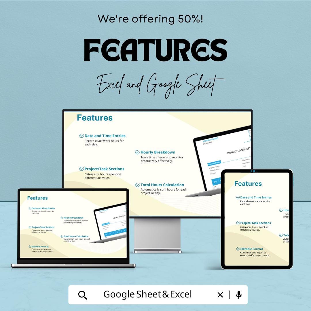 Sample Hourly Timesheet Template | Excel and Google Sheets | Employee Time Tracker | Work Hours Log | Payroll & Attendance Sheet