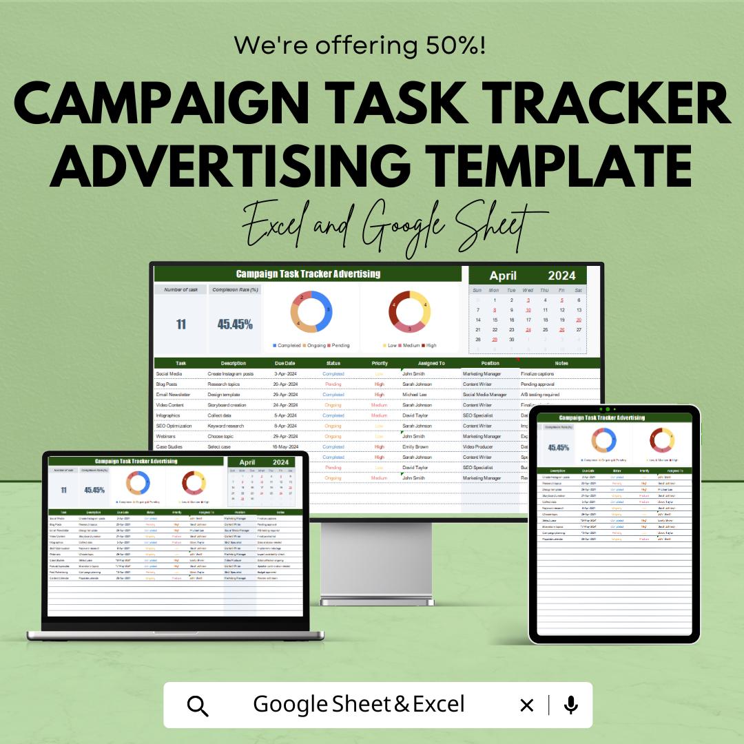 Campaign Task Tracker Advertising Template | Campaign Planner Dashboard | Task Status Tracker | Advertising Workflow Sheet
