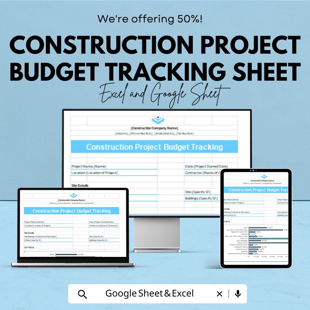 Construction Project Budget Tracking Sheet - Excel & Google Sheets Template for Construction Budget Management - 50% Off