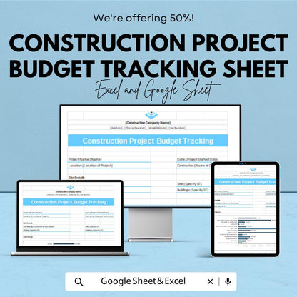 Construction Project Budget Tracking Sheet - Excel & Google Sheets Template for Construction Budget Management - 50% Off