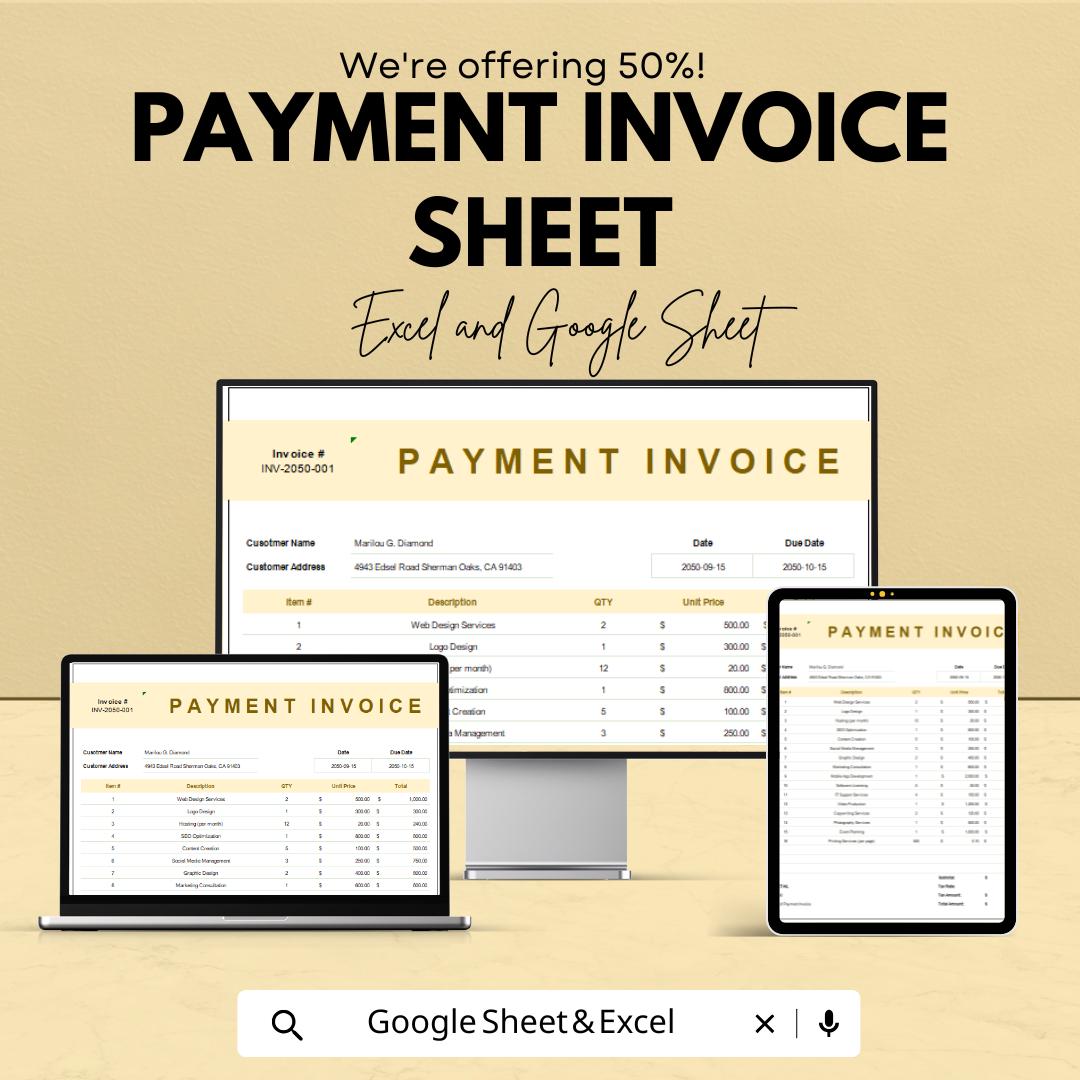 Payment Invoice Sheet | Excel and Google Sheets Template | Customizable Invoice Template | Payment Tracker | Instant Download
