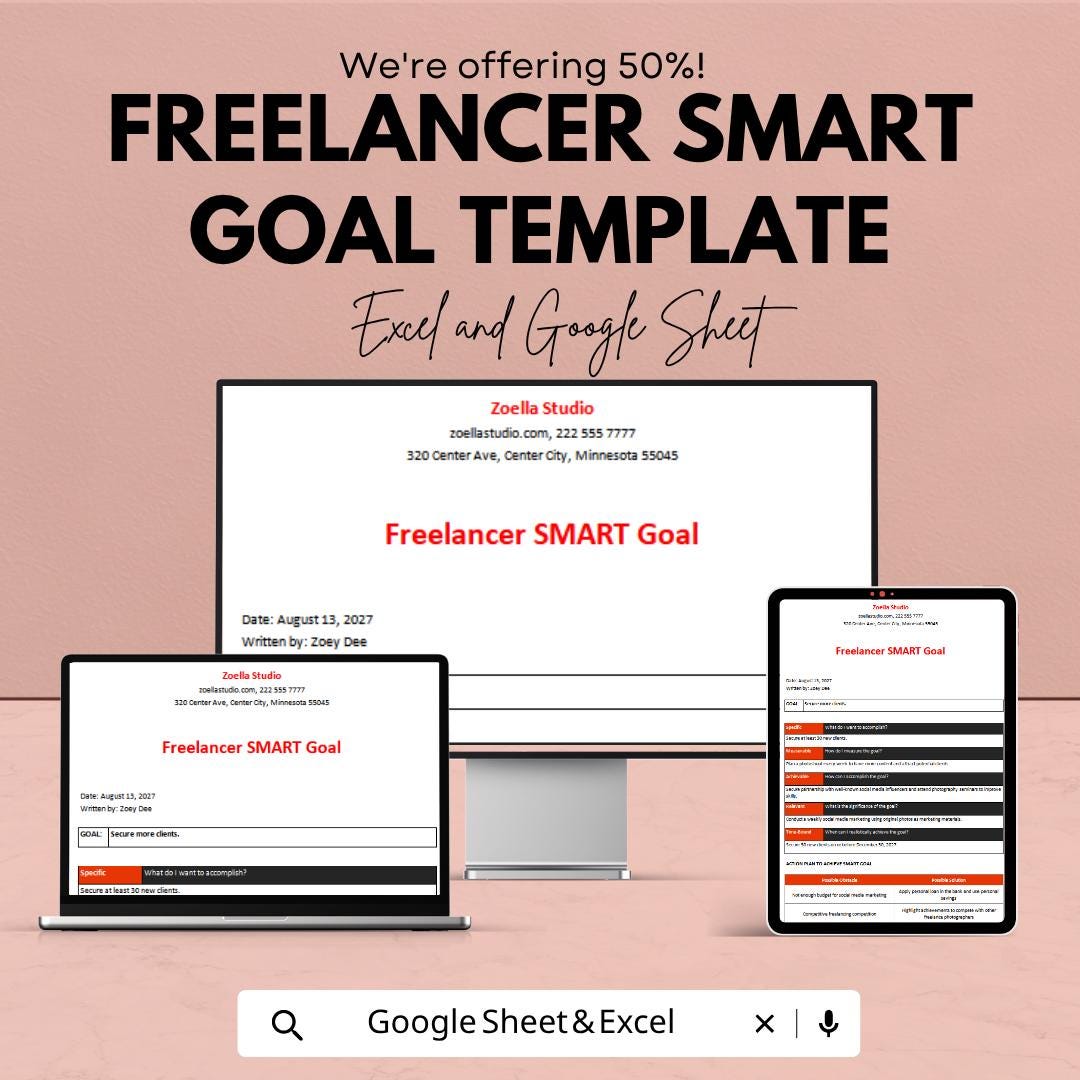Freelancer SMART Goals Template Excel | Goal Setting Planner | Business Goals Tracker | Productivity Planner | Goal Worksheet
