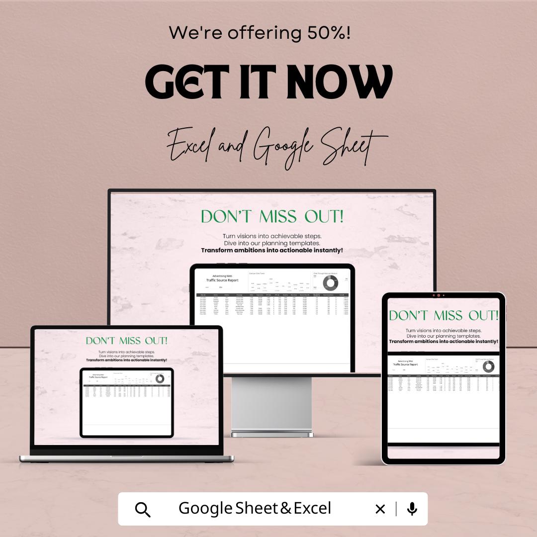 Advertising Web Traffic Source Report Template | Marketing Analytics Dashboard | Traffic Source Tracker | Excel and Google Sheets