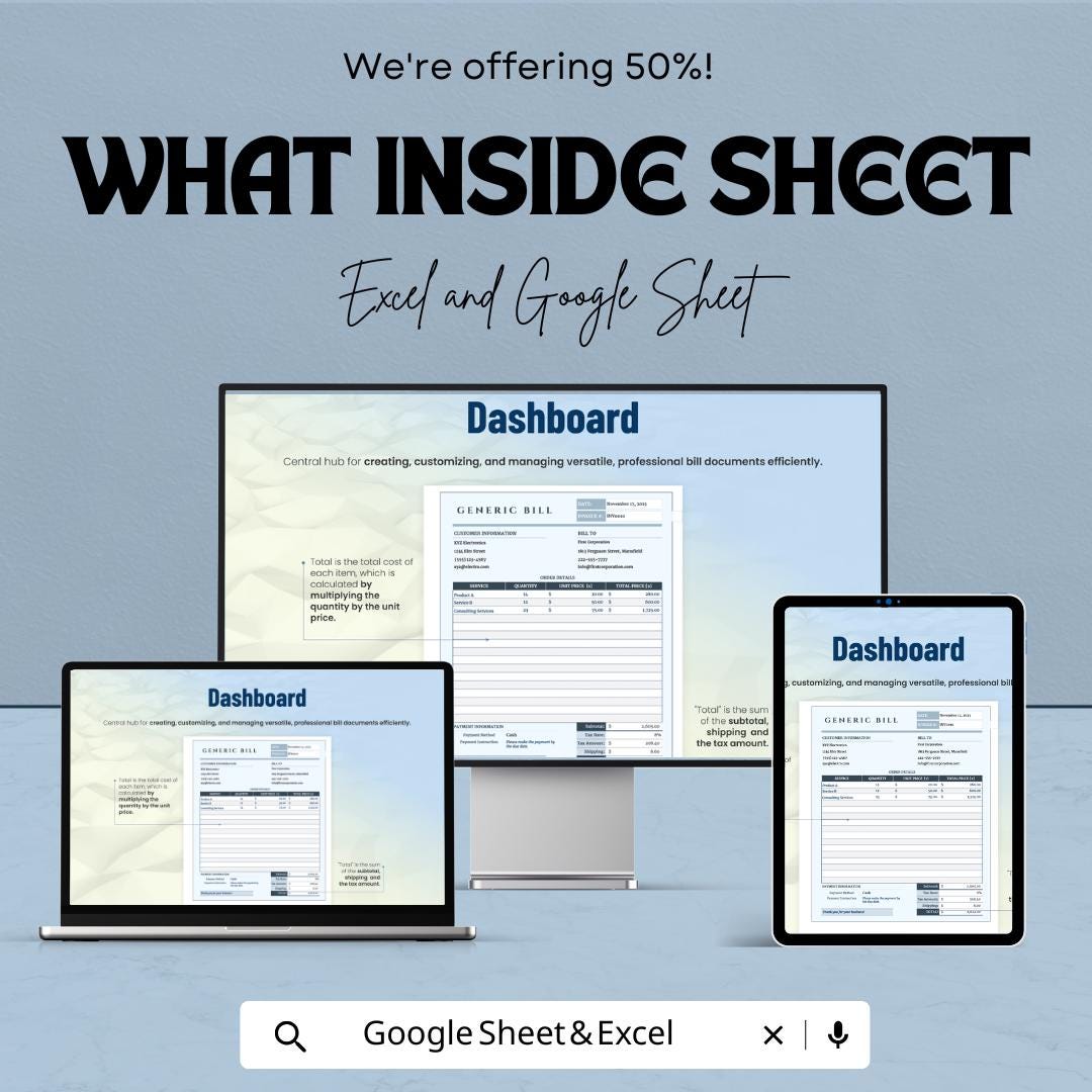 Generic Bill Sheet | Customizable Invoice | Excel and Google Sheet | Business Billing | Editable Bill Generator | Professional Invoice |