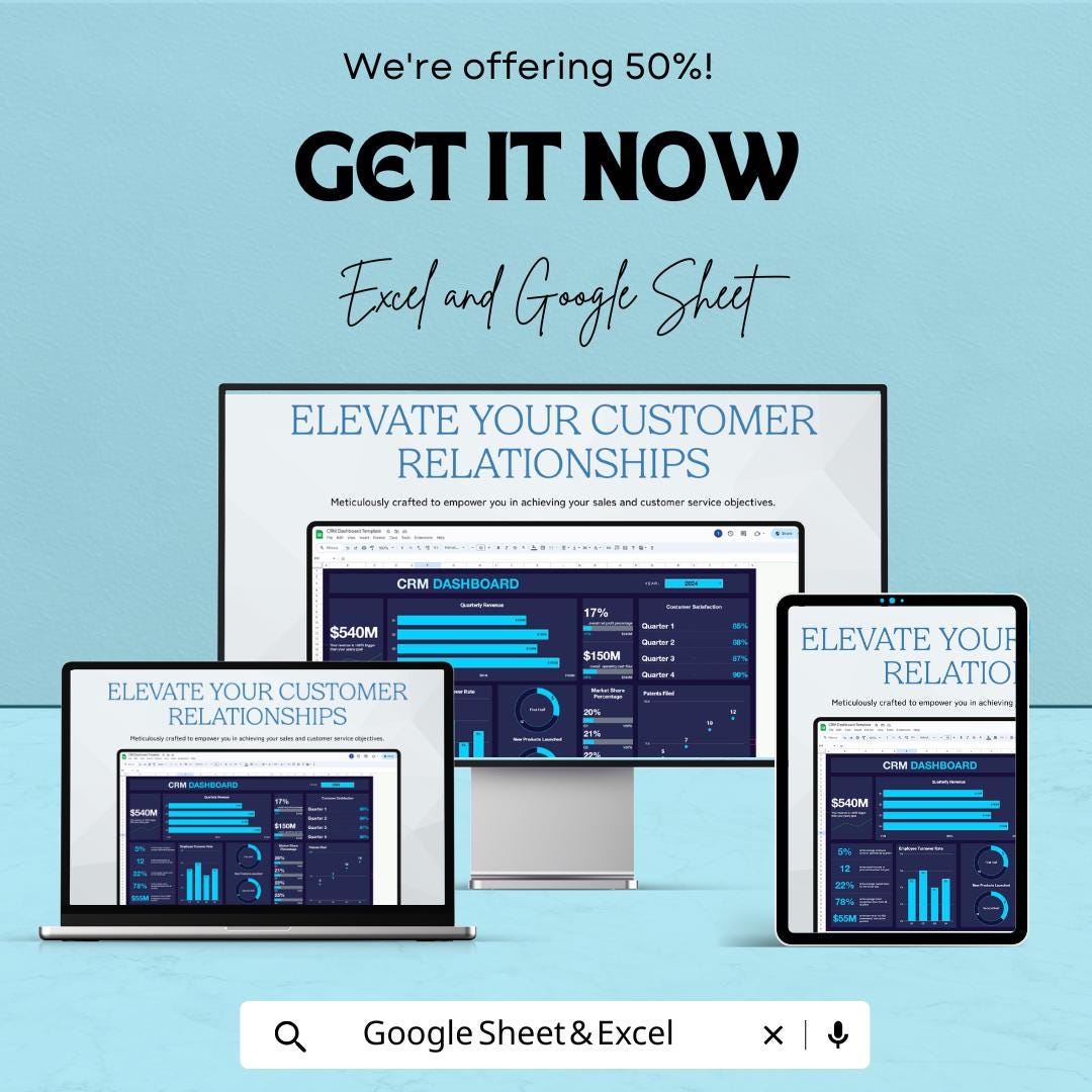 CRM Dashboard Template for Sales and Customer Metrics | Google Sheet | Real-Time Data Visualization | Automated Tracking & Reporting