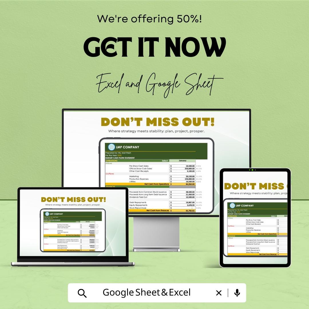 Budget Cash Flow Template | Excel & Google Sheets | Cash Flow Statement | Business Budget Planner
