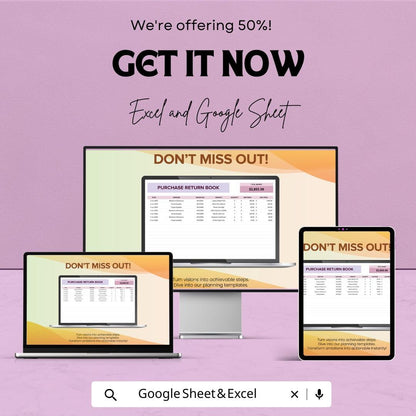 Purchase Return Book Template | Purchase Return Register | Business Accounting Log | Inventory Return Tracker