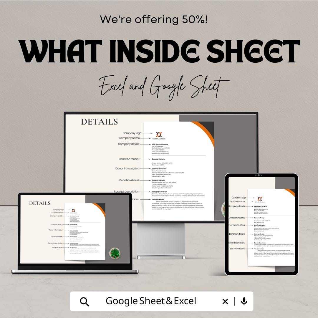 Donation Receipt Template | Excel & Google Sheets | Charity Donation Form | Nonprofit Receipt | Editable Template | Digital Download