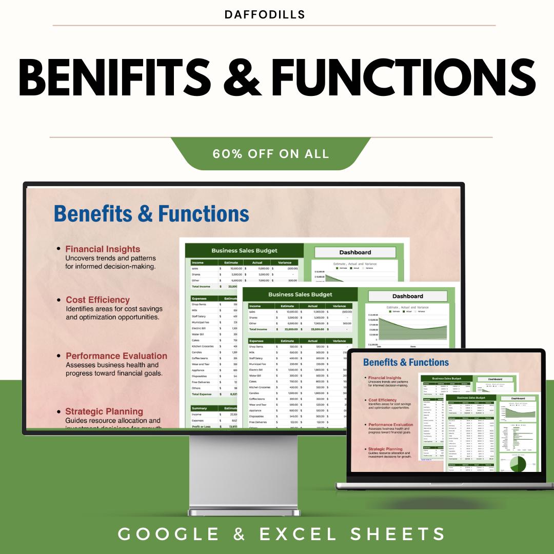 Business Sales Budget Template, Sales Budget Spreadsheet, Revenue and Expense Planner, Sales Performance Tracker, Google Sheets Excel