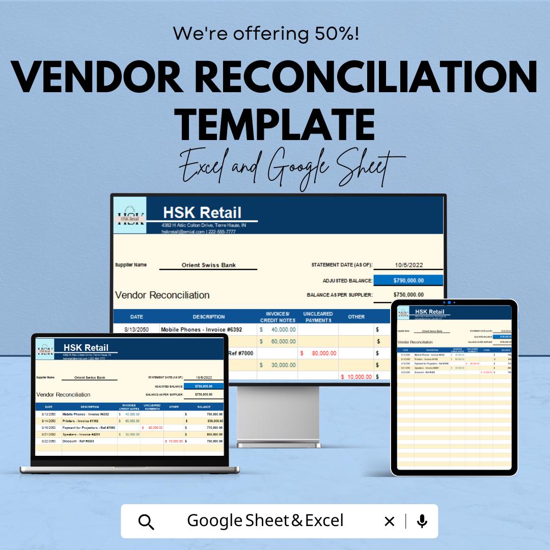 Vendor Reconciliation Template | Accounts Payable Reconciliation Spreadsheet | Supplier Statement Matching | Invoice & Payment Tracker