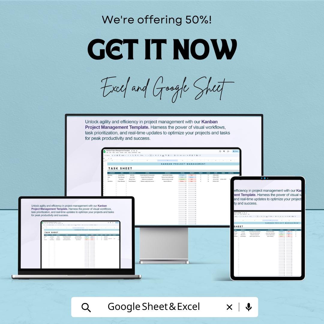 Kanban Project Management Template | Excel & Google Sheets Kanban Board | Task Workflow Planner | Agile Project Management Spreadsheet