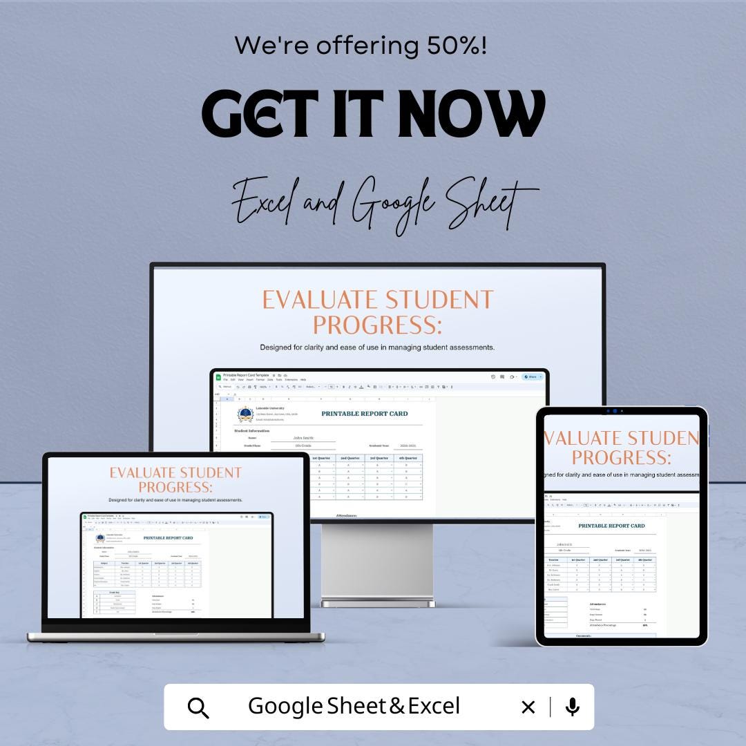 Printable Report Card Template | Excel & Google Sheets | Editable Student Progress Tracker | Grade Sheet | School Assessment Form