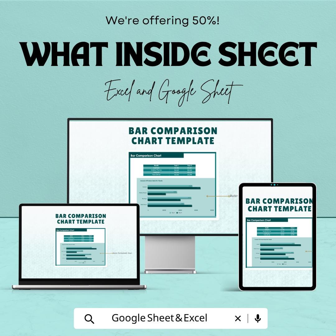 Bar Comparison Chart Template | Data Visualization Spreadsheet | Excel & Google Sheets Chart | Sales Comparison Dashboard |