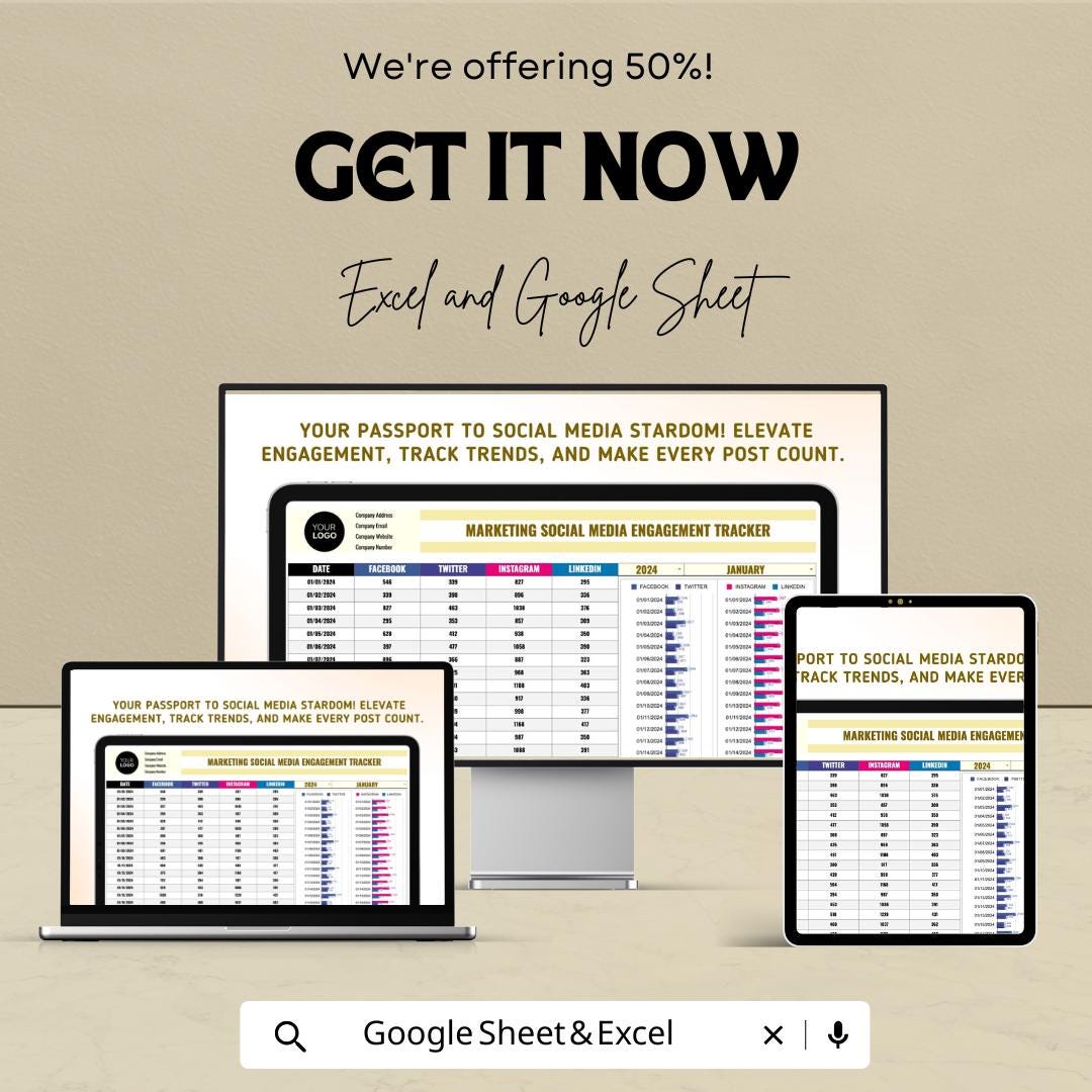 Marketing Social Media Engagement Tracker Template | Social Media Analytics Spreadsheet | Excel & Google Sheet | Engagement Report Dashboard