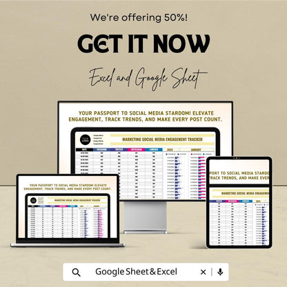 Marketing Social Media Engagement Tracker Template | Social Media Analytics Spreadsheet | Excel & Google Sheet | Engagement Report Dashboard