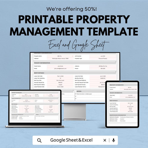 Printable Property Management Template | Rental Property Tracker Spreadsheet | Landlord Management Sheet | Excel & Google Sheets |