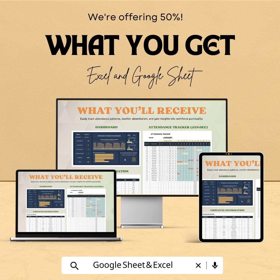 Attendance Tracking HR Dashboard | Excel and Google Sheets | Employee Attendance Management | Monthly & Annual Reports
