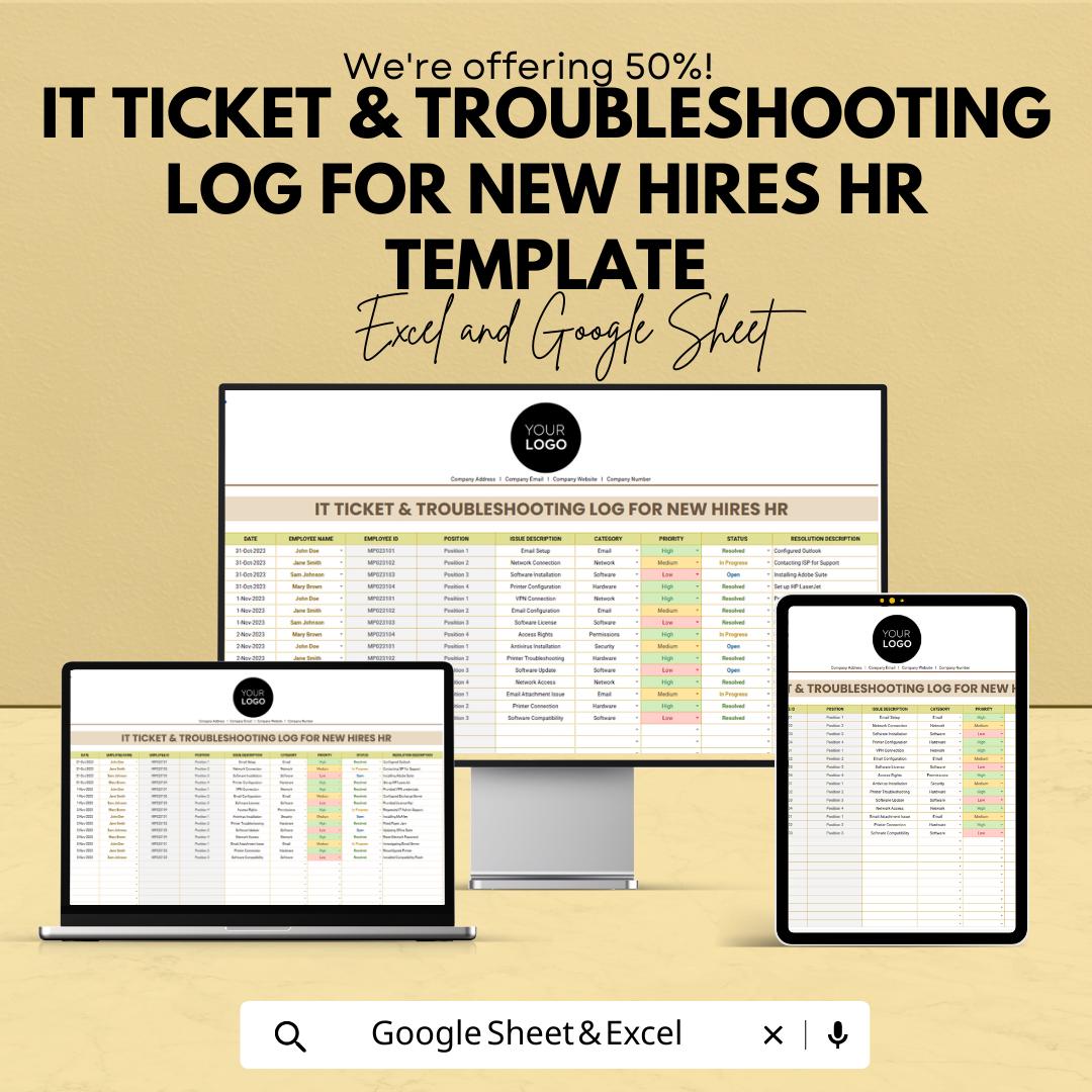 IT Ticket & Troubleshooting Log for New Hires, HR IT Onboarding Template, Help Desk Tracker, Employee Setup Log