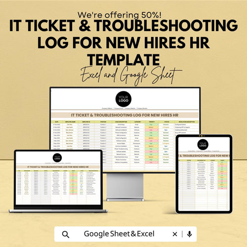 IT Ticket & Troubleshooting Log for New Hires, HR IT Onboarding Template, Help Desk Tracker, Employee Setup Log