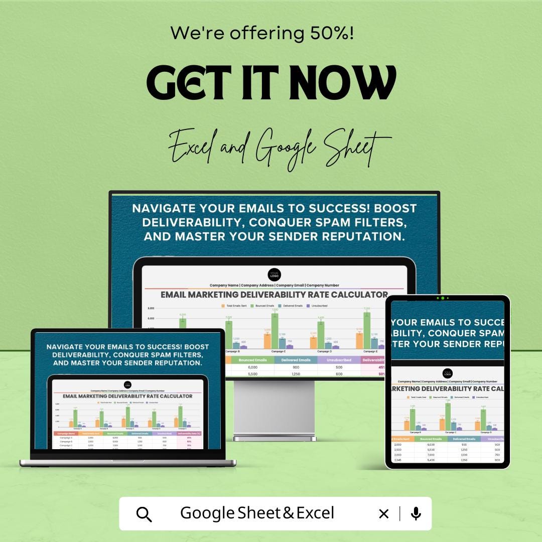Email Marketing Deliverability Rate Calculator Template | Deliverability Tracker | Email Performance Calculator | Email KPI Reporting Tool