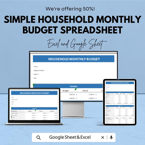 Simple Household Monthly Budget Spreadsheet | Excel & Google Sheet Template | Budget Tracker | Expense Management | Household Budget Planner