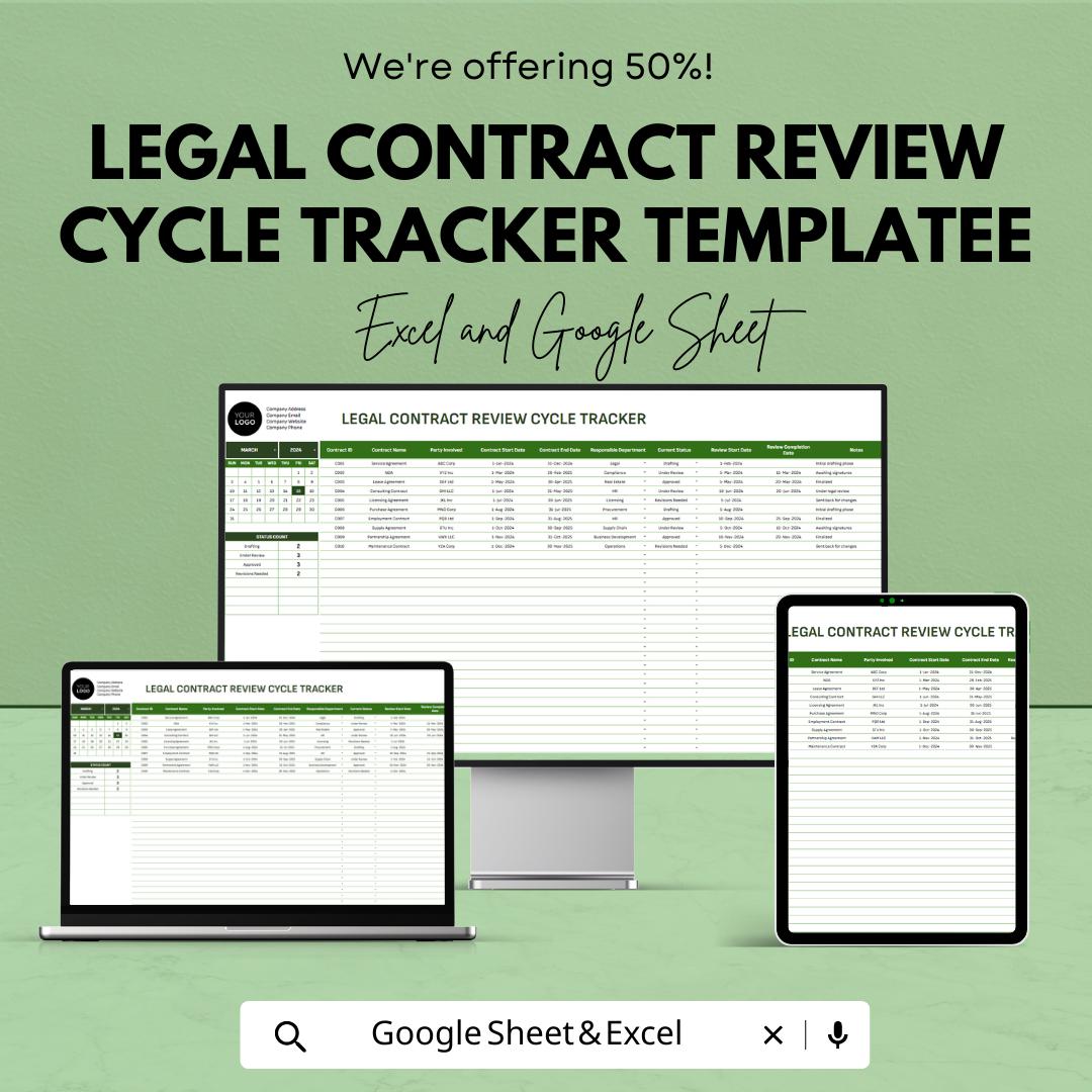 Legal Contract Review Tracker, Contract Review Cycle Template, Law Office Contract Management, Excel & Google Sheets Legal Workflow Tool