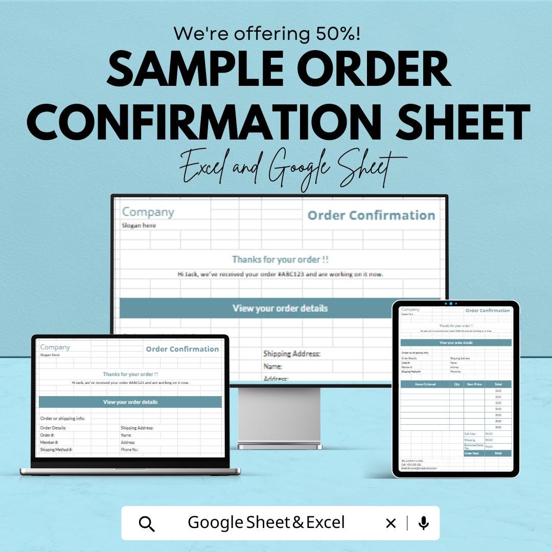 Sample Order Confirmation Sheet | Excel & Google Sheet Template | Customizable Order Tracking | Invoice Confirmation | Instant Download