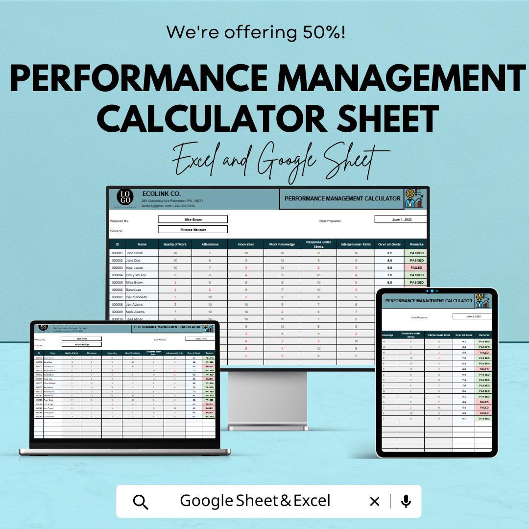 Performance Management Calculator Sheet | Excel & Google Sheet | Employee Evaluation Template | Performance Metrics Tracker | HR Template