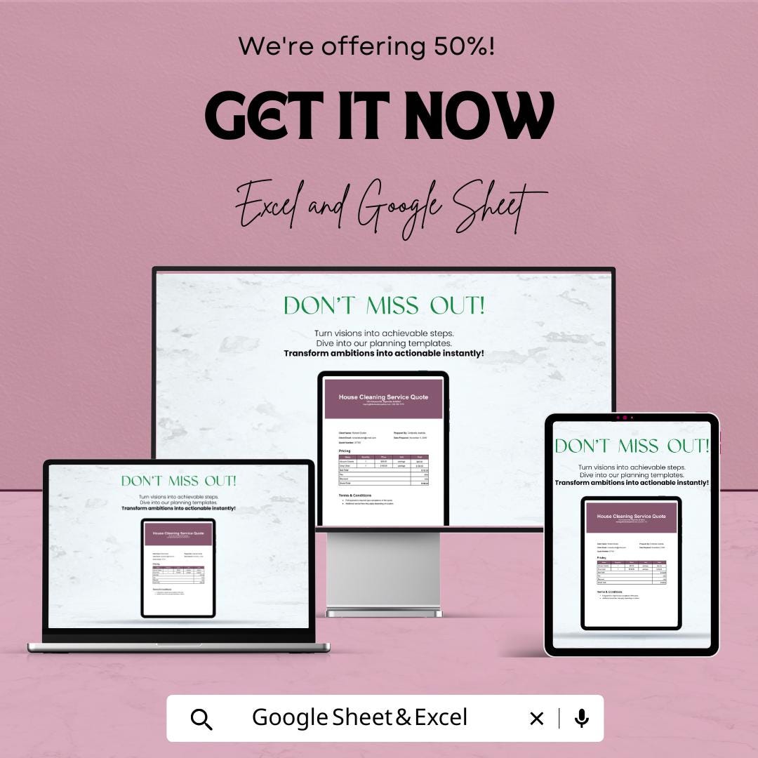Cleaning Service Quotation Sheet Template | Excel & Google Sheets | House Cleaning Quote Form | Service Estimate Template | Digital Download