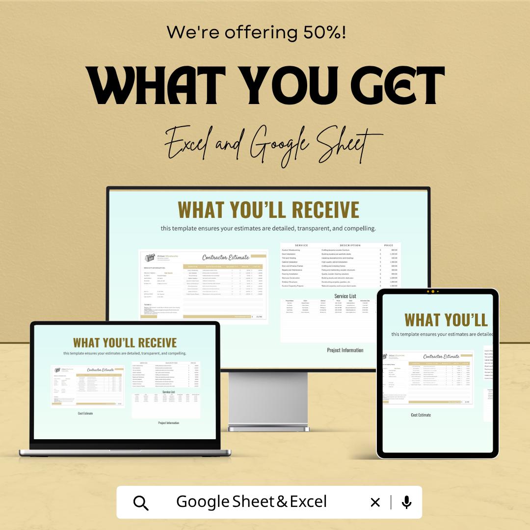 Carpentry Contractor Estimate Template | Construction Estimate Spreadsheet | Woodworking Quote Template | Excel & Google Sheets |