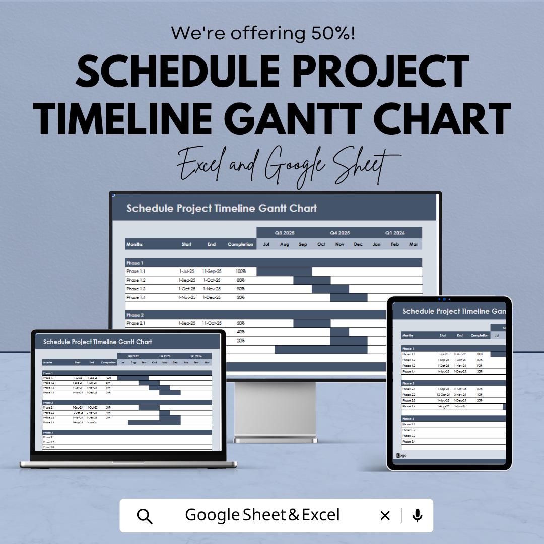 Project Timeline Gantt Chart Template | Project Schedule Planner | Task Timeline Spreadsheet | Gantt Chart Template