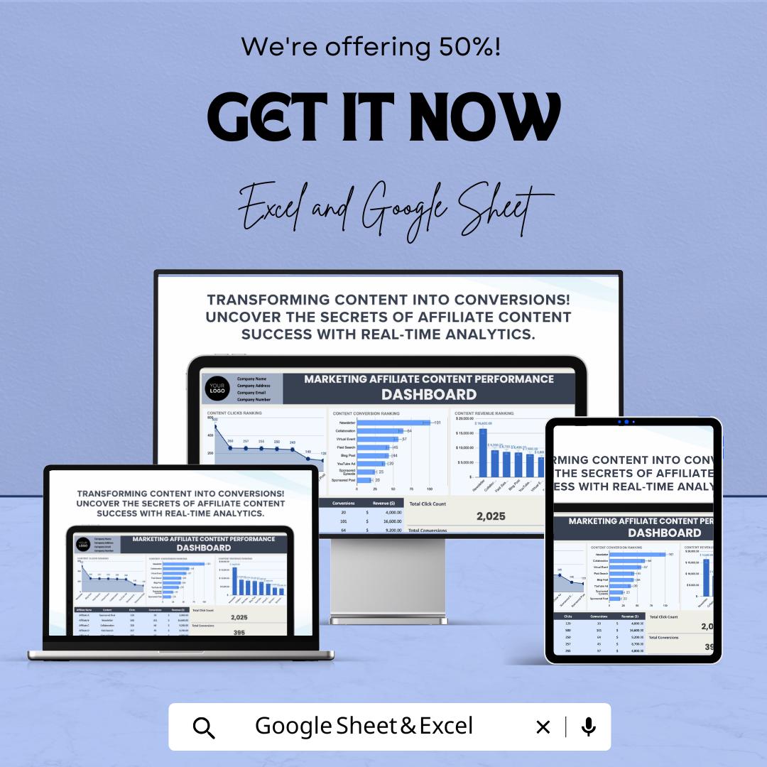 Marketing Affiliate Content Performance Dashboard | Track Clicks, Conversions and Revenue | Excel & Google Sheets | Digital Analytics Sheet