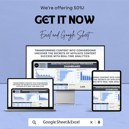 Marketing Affiliate Content Performance Dashboard | Track Clicks, Conversions and Revenue | Excel & Google Sheets | Digital Analytics Sheet
