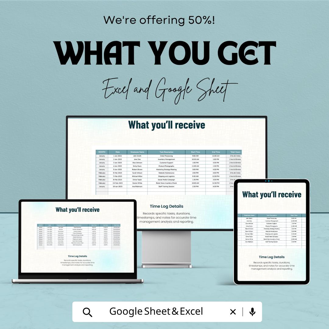 Time Log Sheet Template | Excel Time Tracker Spreadsheet | Employee Hours Tracker Template | Google Sheets & Excel |