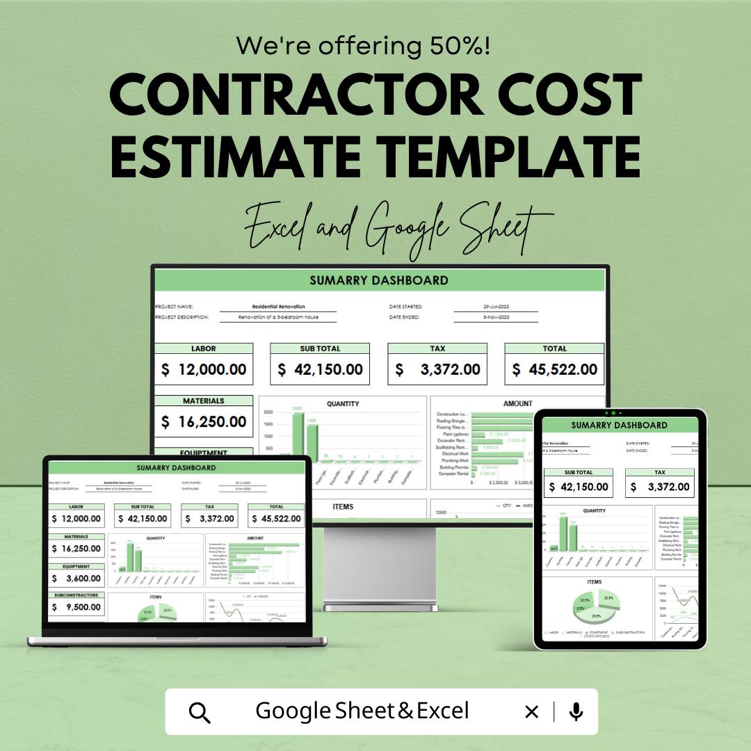 Contractor Cost Estimate Template | Construction Cost Estimator | Project Budget Spreadsheet | Excel & Google Sheets