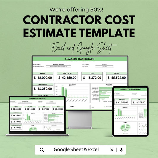 Contractor Cost Estimate Template | Construction Cost Estimator | Project Budget Spreadsheet | Excel & Google Sheets