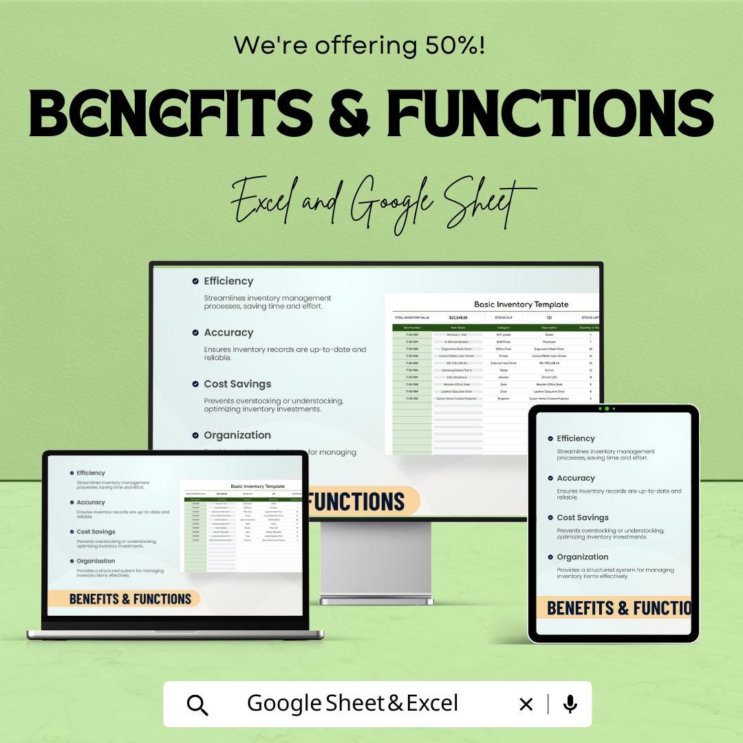 Basic Inventory Template | Stock Management Sheet | Excel & Google Sheet Tracker | Item Log | Small Business Inventory Tracker