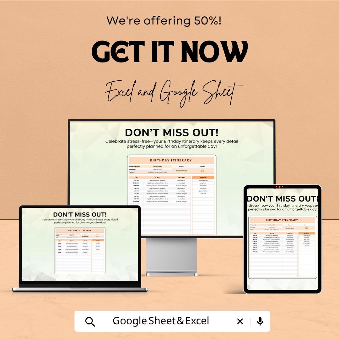 Birthday Itinerary Template | Editable Birthday Planner | Party Schedule & Guest List Planner | Digital Download