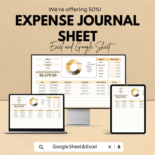 Expense Journal Sheet | Personal Finance Tracker | Google Sheets | Budget Tracker | Spending Log | Expense Organizer | Monthly Finance