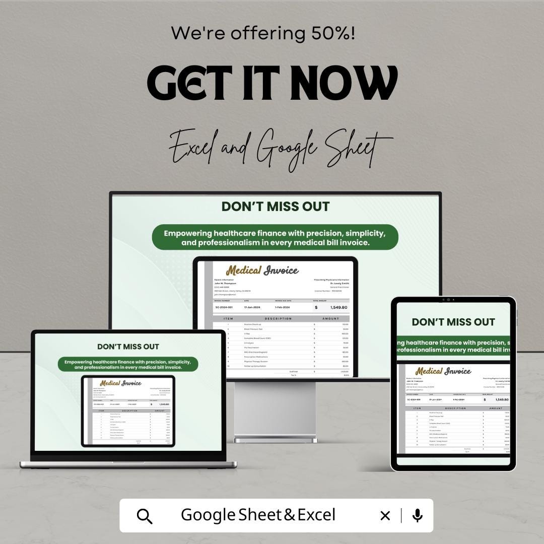 Medical Bill Invoice Sheet – Excel and Google Sheet Template | Healthcare Billing & Payment Tracking | 50% Off