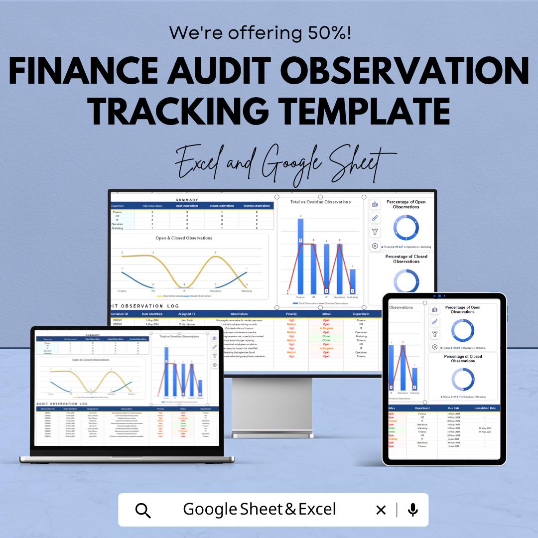 Finance Audit Observation Tracking Template | Audit Log Tracker | Financial Audit Dashboard | Audit Management Spreadsheet