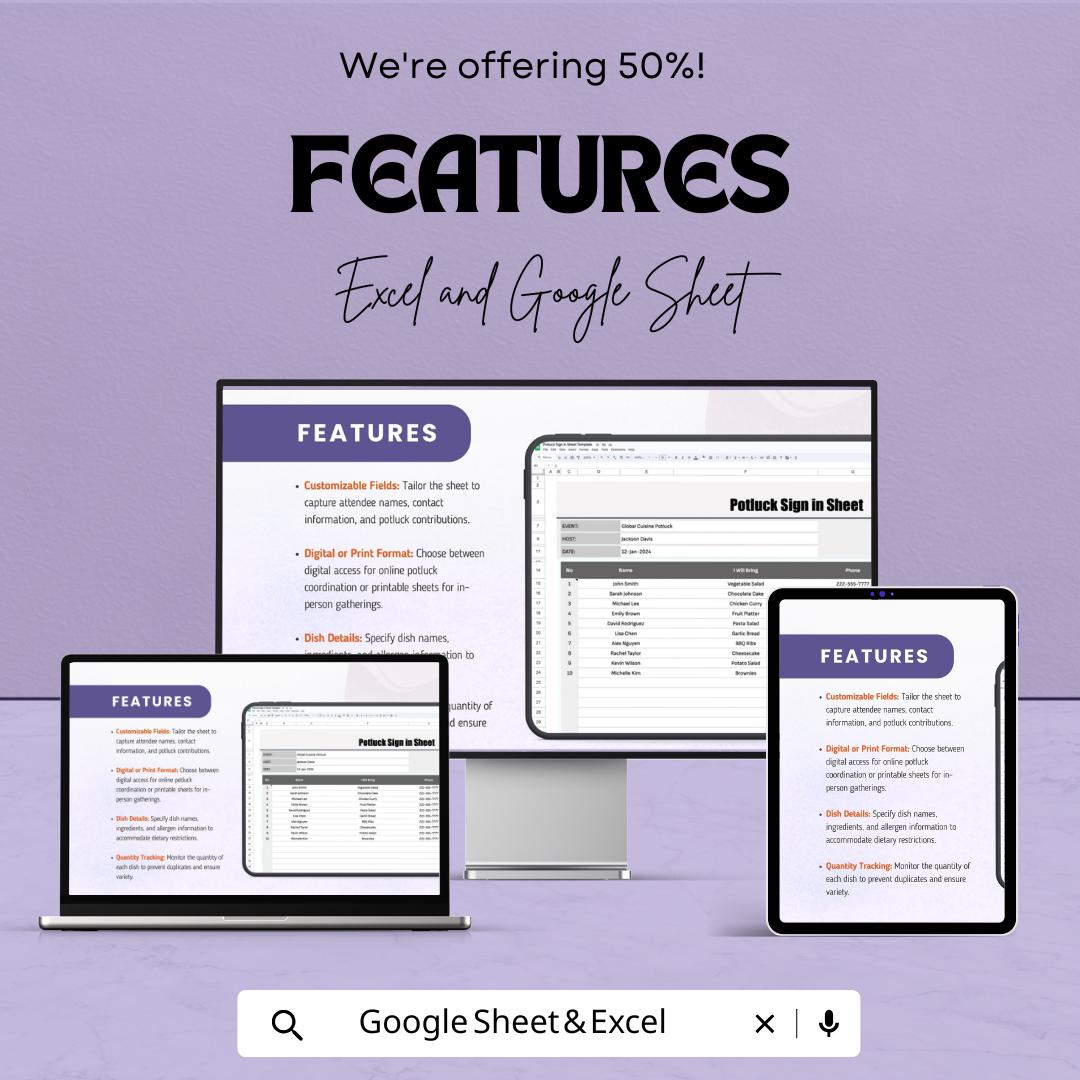 Potluck Sign In Sheet Template for Excel AND Google Sheets | Editable Food List Tracker | Event Signup & Meal Planner