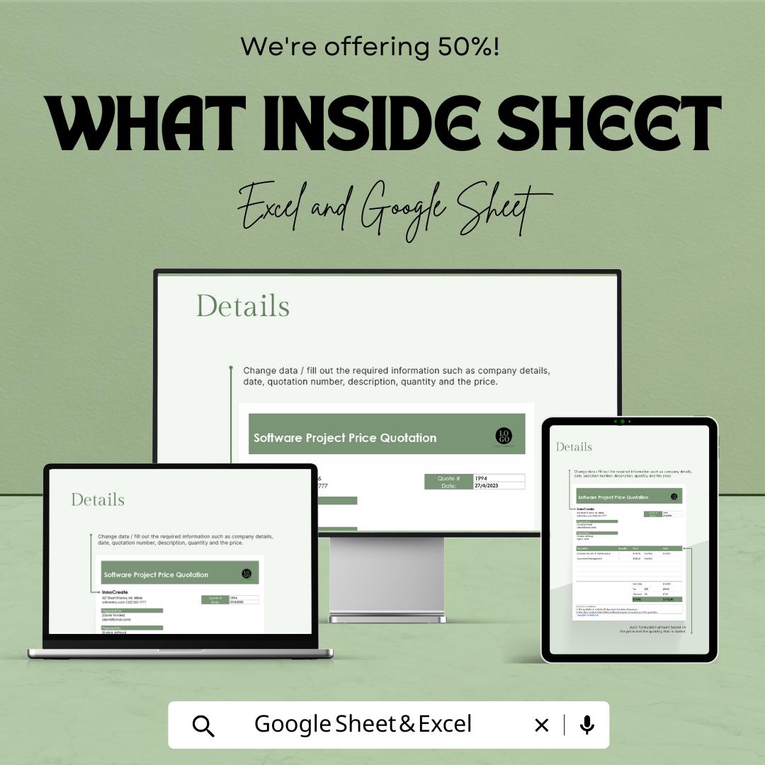 Software Project Price Quotation Sheet | Excel & Google Sheets Template | Editable Business Quotation Form | Printable Software Quote