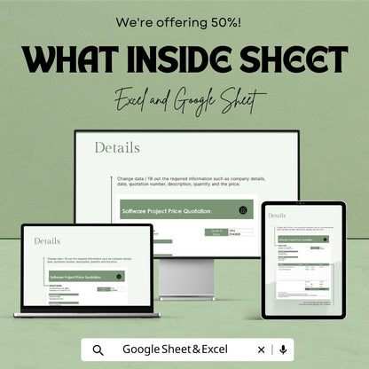 Software Project Price Quotation Sheet | Excel & Google Sheets Template | Editable Business Quotation Form | Printable Software Quote