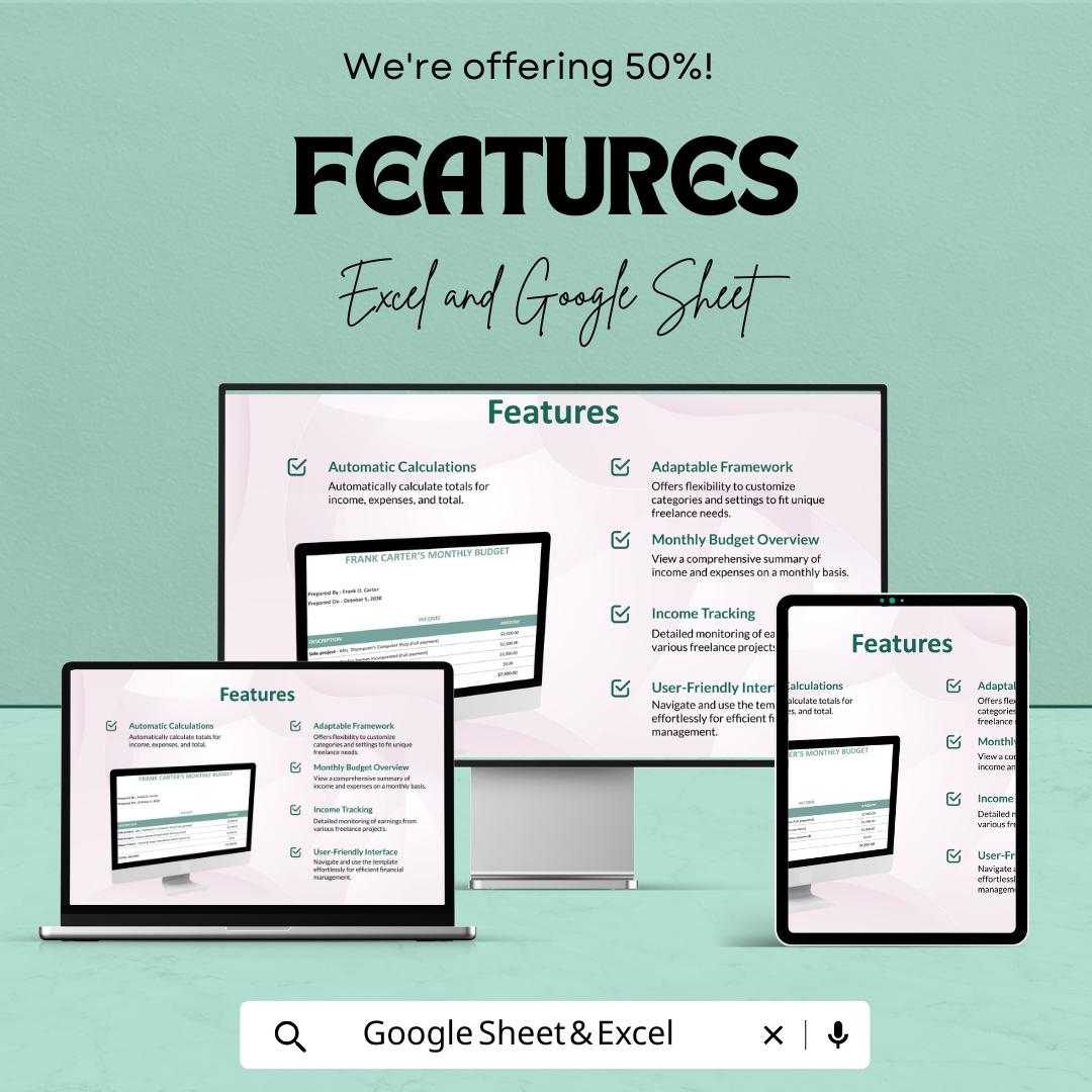 Sample Freelance Budget Sheet – Excel and Google Sheets Template | Track Income & Expenses | 50% Off