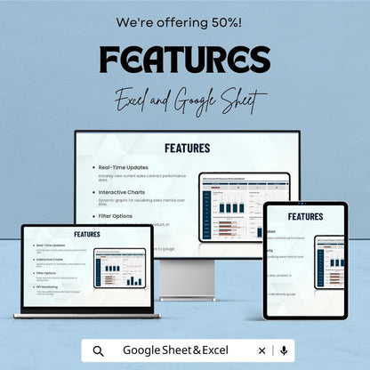 Sales Contract Performance Metrics Dashboard | Excel and Google Sheet Template for Tracking Contracts & Client Metrics | Real-Time Updates