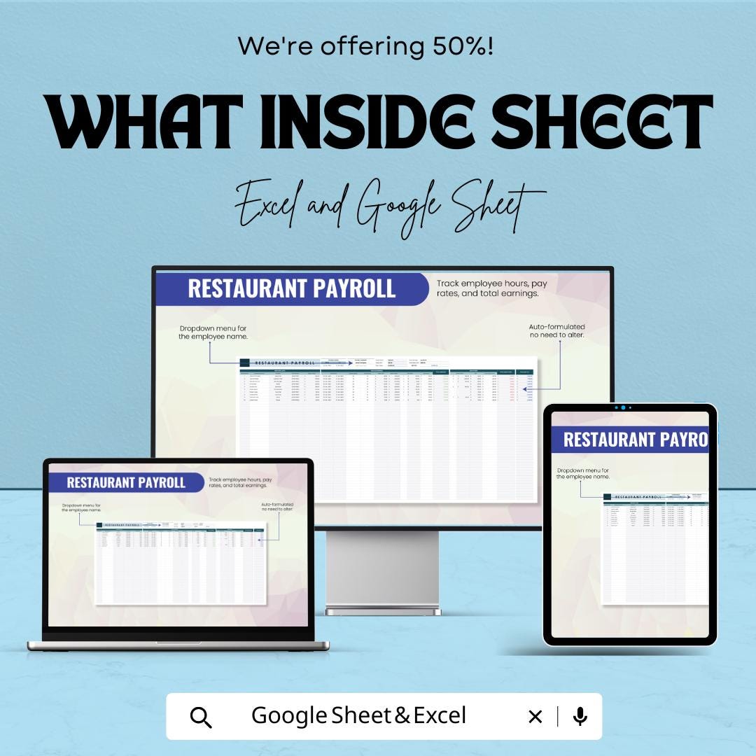 Restaurant Payroll Sheet - Google Sheet & Excel Payroll Template - Employee Salary Calculator - Easy Payroll Management for Restaurants