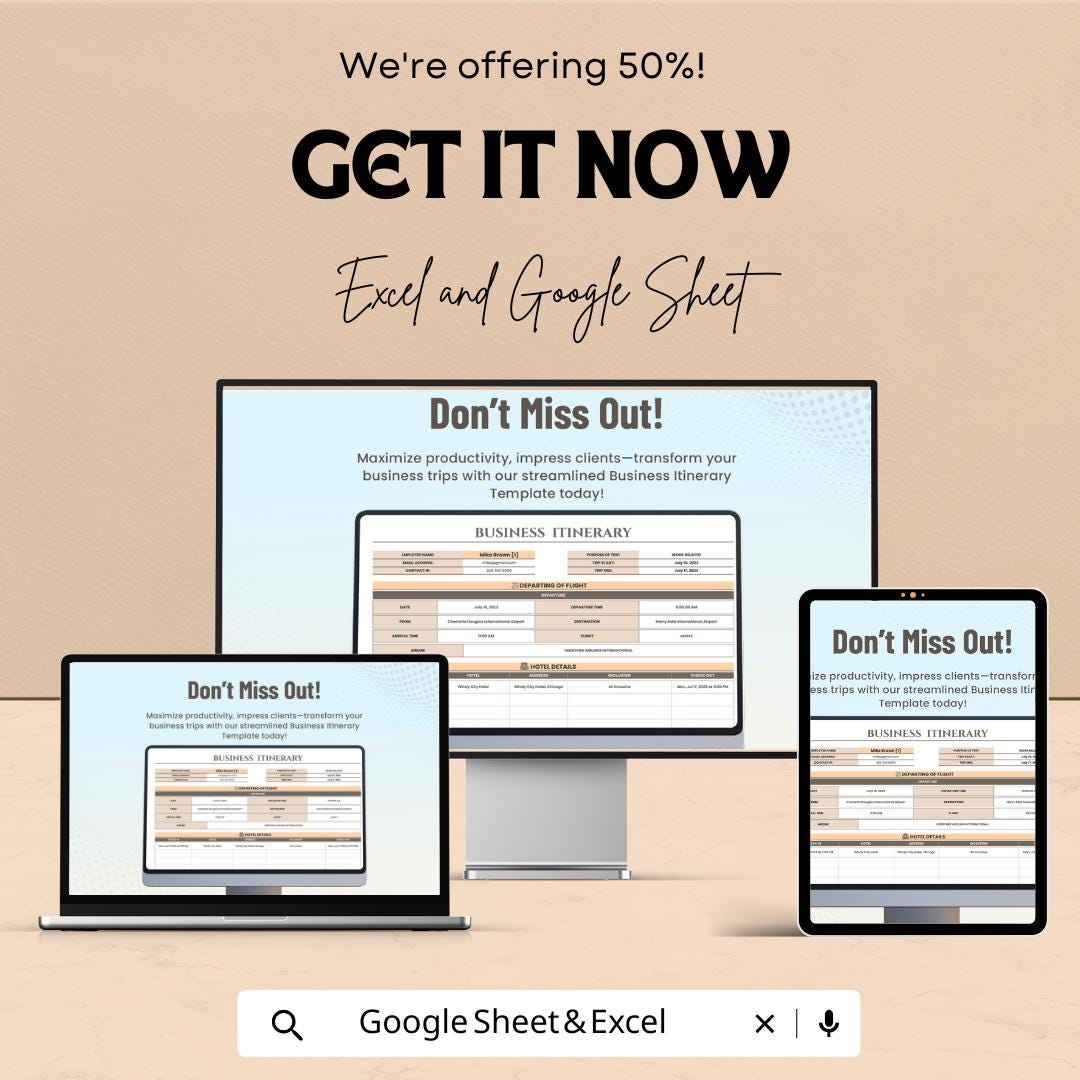 Business Itinerary Sheet | Google Sheets & Excel Template for Business Travel Planning | Professional Trip Schedule Template |